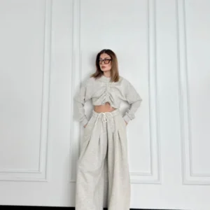 Uzun Kollu Önü İp Büzgülü Crop ve Pantolon İkili Takım - Gri