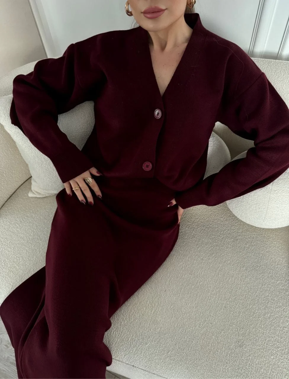 V Yaka 3 Düğmeli Hırka Takım Triko İkili Etekli - Bordo - Görsel 6