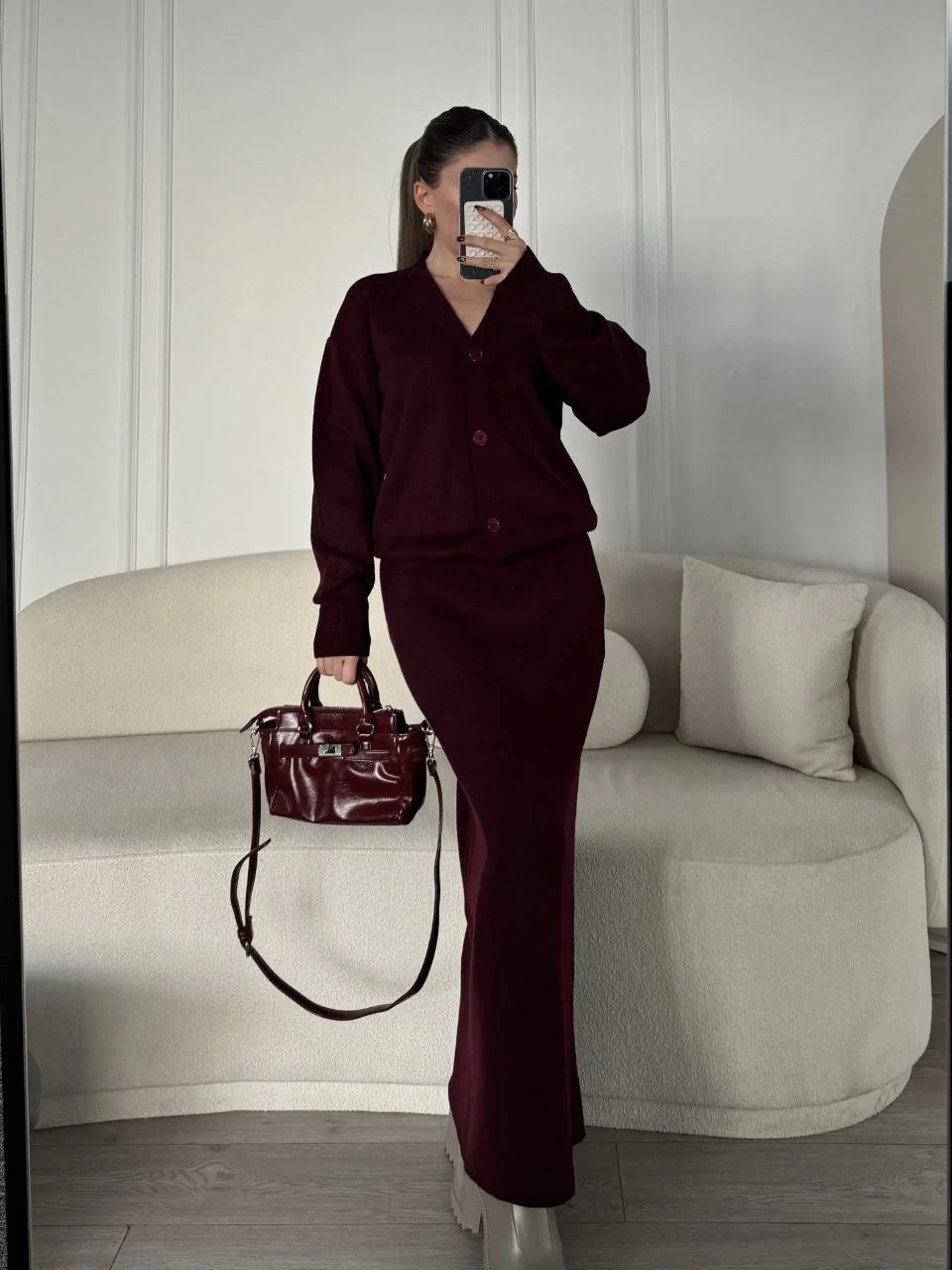 V Yaka 3 Düğmeli Hırka Takım Triko İkili Etekli - Bordo - Görsel 2