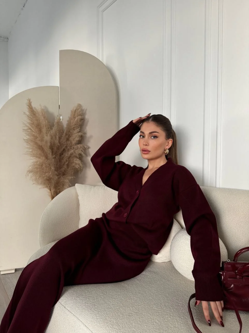 V Yaka 3 Düğmeli Hırka Takım Triko İkili Etekli - Bordo - Görsel 3