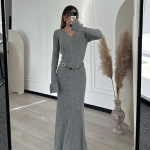 Alternative view of V Yaka Fitilli Uzun Elbise- Gri