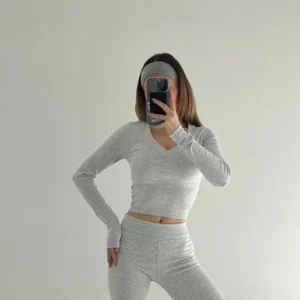 V yaka uzun kollu bluz İspanyol paçalı tayt İkili Takım - Gri