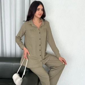 Alternative view of Yakalı Düğmeli Uzun Kollu Gömlek Pantolon ikili Takım - Bej