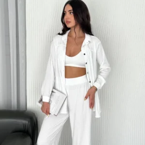 Yakalı Düğmeli Uzun Kollu Gömlek Pantolon ikili Takım - Beyaz