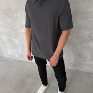 Yakalı Patlı Kısa Kol T-shirt - Antrasit