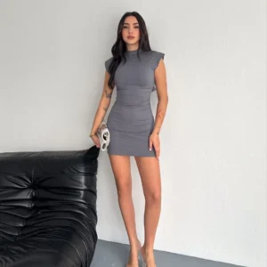 Alternative view of Yarım Bogazlı Kolsuz Mini Boy Elbise - Gri