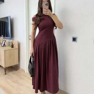 Asimetrik düşük yaka Kolsuz Uzun Elbise - Bordo