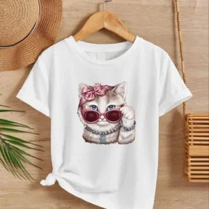 Kız Çocuk Bisiklet Yaka Baskılı T-Shirt - Beyaz