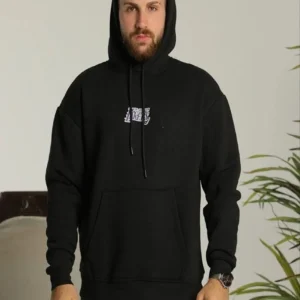 Alternative view of Erkek Baskılı Oversize Üç İplik Kapüşonlu Sweatshirt - Siyah