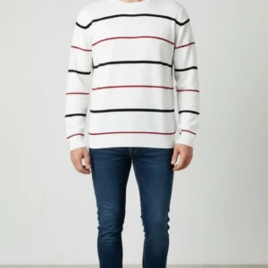 Erkek Bisiklet Yaka Cizgili Triko Kazak yumuşak dokulu Pamuklu ince Dokuma, uzun kollu Rahat Regular kalıp - Beyaz