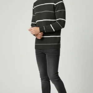 Alternative view of Erkek Bisiklet Yaka Cizgili Triko Kazak yumuşak dokulu Pamuklu ince Dokuma, uzun kollu Rahat Regular kalıp - Füme