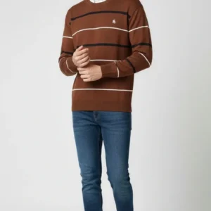 Alternative view of Erkek Bisiklet Yaka Cizgili Triko Kazak yumuşak dokulu Pamuklu ince Dokuma, uzun kollu Rahat Regular kalıp - Kahverengi