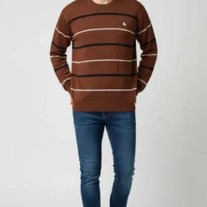 Erkek Bisiklet Yaka Cizgili Triko Kazak yumuşak dokulu Pamuklu ince Dokuma, uzun kollu Rahat Regular kalıp - Kahverengi