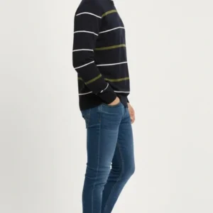 Alternative view of Erkek Bisiklet Yaka Cizgili Triko Kazak yumuşak dokulu Pamuklu ince Dokuma, uzun kollu Rahat Regular kalıp - Lacivert