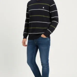 Erkek Bisiklet Yaka Cizgili Triko Kazak yumuşak dokulu Pamuklu ince Dokuma, uzun kollu Rahat Regular kalıp - Lacivert