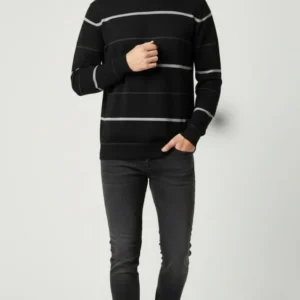 Erkek Bisiklet Yaka Cizgili Triko Kazak yumuşak dokulu Pamuklu ince Dokuma, uzun kollu Rahat Regular kalıp - Siyah