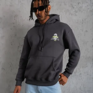 Alternative view of Erkek Kordonlu Maske Baskılı Kapşonlu Sweat - Gri