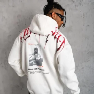 Alternative view of Erkek Ön ve Arka Baskılı Kapüşonlu 3 İplik Sweatshirt - Beyaz