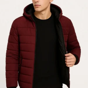 Erkek Şişme Kapüşonlu Fermuarlı Mont Su itici Kapitone Astarlı Kumaş Cepli Kışlık Rahat Kalıp - Bordo