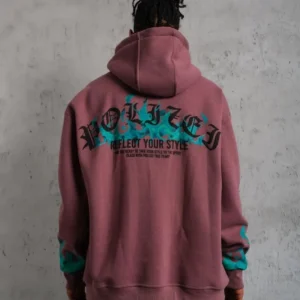 Erkek Üç İplik içi Pamuklu Alev Baskılı Kapüşonlu Sweatshirt - Gül Kurusu