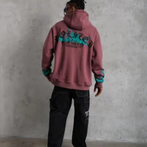 Alternative view of Erkek Üç İplik içi Pamuklu Alev Baskılı Kapüşonlu Sweatshirt - Gül Kurusu