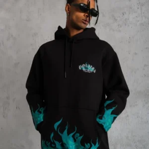 Alternative view of Erkek Üç İplik İçi Pamuklu Alev Baskılı Kapüşonlu Sweatshirt - Siyah