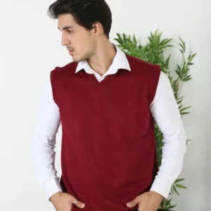 Erkek V Yaka Kolsuz Süveter Triko Kazak yumuşak dokulu Pamuklu ince Dokuma Rahat Regular kalıp - Bordo