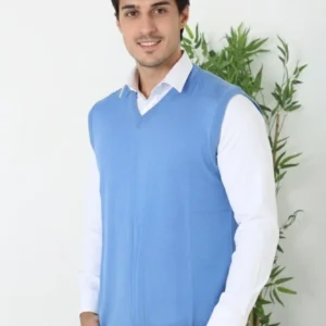 Alternative view of Erkek V Yaka Kolsuz Süveter Triko Kazak yumuşak dokulu Pamuklu ince Dokuma Rahat Regular kalıp - Mavi