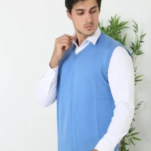 Erkek V Yaka Kolsuz Süveter Triko Kazak yumuşak dokulu Pamuklu ince Dokuma Rahat Regular kalıp - Mavi