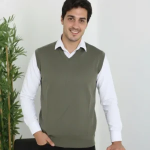 Alternative view of Erkek V Yaka Kolsuz Süveter Triko Kazak yumuşak dokulu Pamuklu ince Dokuma Rahat Regular kalıp - Haki