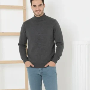 Erkek Yarım Boğaz Triko Kazak yumuşak dokulu Pamuklu ince Dokuma, uzun kollu Rahat Regular kalıp - Füme