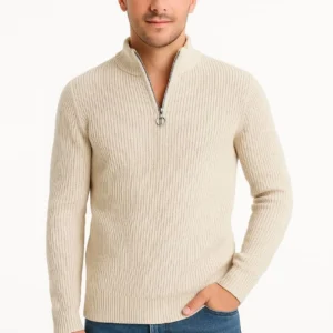 Erkek Yarım Fermuarlı Triko Kazak – Selanik Örgü, Dik Yaka, Pamuklu Dokuma, Regular Fit Uzun Kollu Kışlık Model - Bej