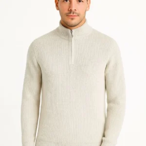 Alternative view of Erkek Yarım Fermuarlı Triko Kazak – Selanik Örgü, Dik Yaka, Pamuklu Dokuma, Regular Fit Uzun Kollu Kışlık Model - Bej