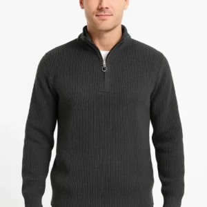 Alternative view of Erkek Yarım Fermuarlı Triko Kazak – Selanik Örgü, Dik Yaka, Pamuklu Dokuma, Regular Fit Uzun Kollu Kışlık Model - Füme