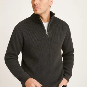 Erkek Yarım Fermuarlı Triko Kazak – Selanik Örgü, Dik Yaka, Pamuklu Dokuma, Regular Fit Uzun Kollu Kışlık Model - Füme