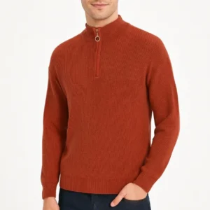 Alternative view of Erkek Yarım Fermuarlı Triko Kazak – Selanik Örgü, Dik Yaka, Pamuklu Dokuma, Regular Fit Uzun Kollu Kışlık Model - Kiremit