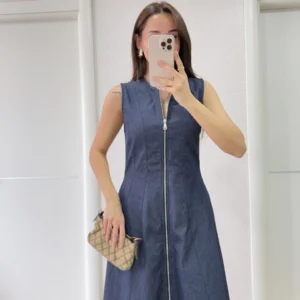 Alternative view of Jeans Kot Önü Tam Fermuarlı Kadın Uzun Elbise - Mavi