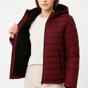 Kadın Şişme Kapüşonlu Fermuarlı Mont Su itici Kapitone Astarlı Kumaş Cepli Kışlık Rahat Kalıp - Bordo