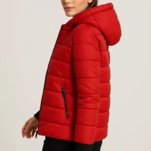 Kadın Şişme Kapüşonlu Fermuarlı Mont Su itici Kapitone Astarlı Kumaş Cepli Kışlık Rahat Kalıp - Kırmızı