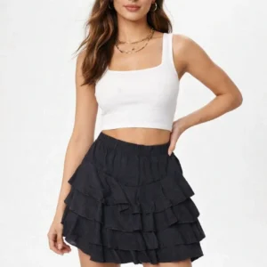 Alternative view of Kadın Siyah Katlı Mini Fırfıtlı Etek Lastikli Yüksel Bel, Volanlı Tasarım, Rahat Kalıp, Günlük ve Şık Kombinelere Uygun Yazlık Etek - Siyah