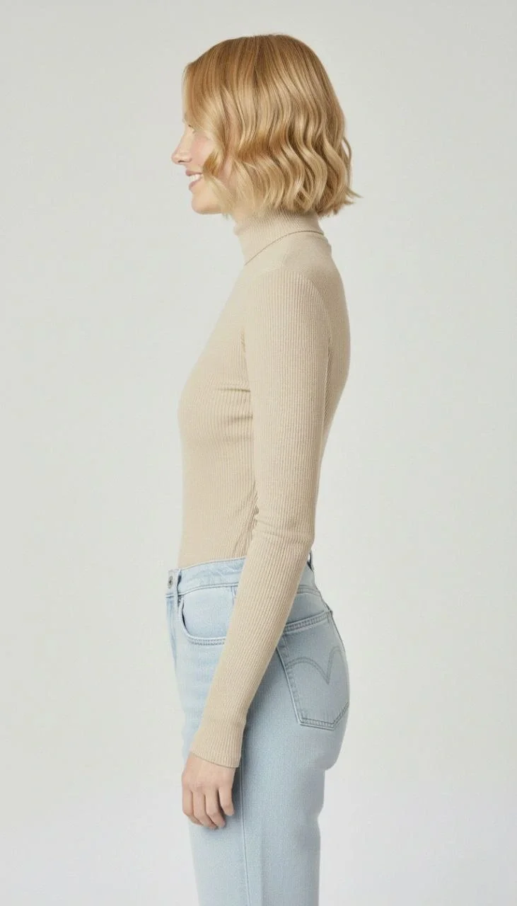 Kadın Tam Boğazlı Fitilli Likrali Kaşkorse Badi İnce Uzun Kollu Kazak - Bej - Görsel 2