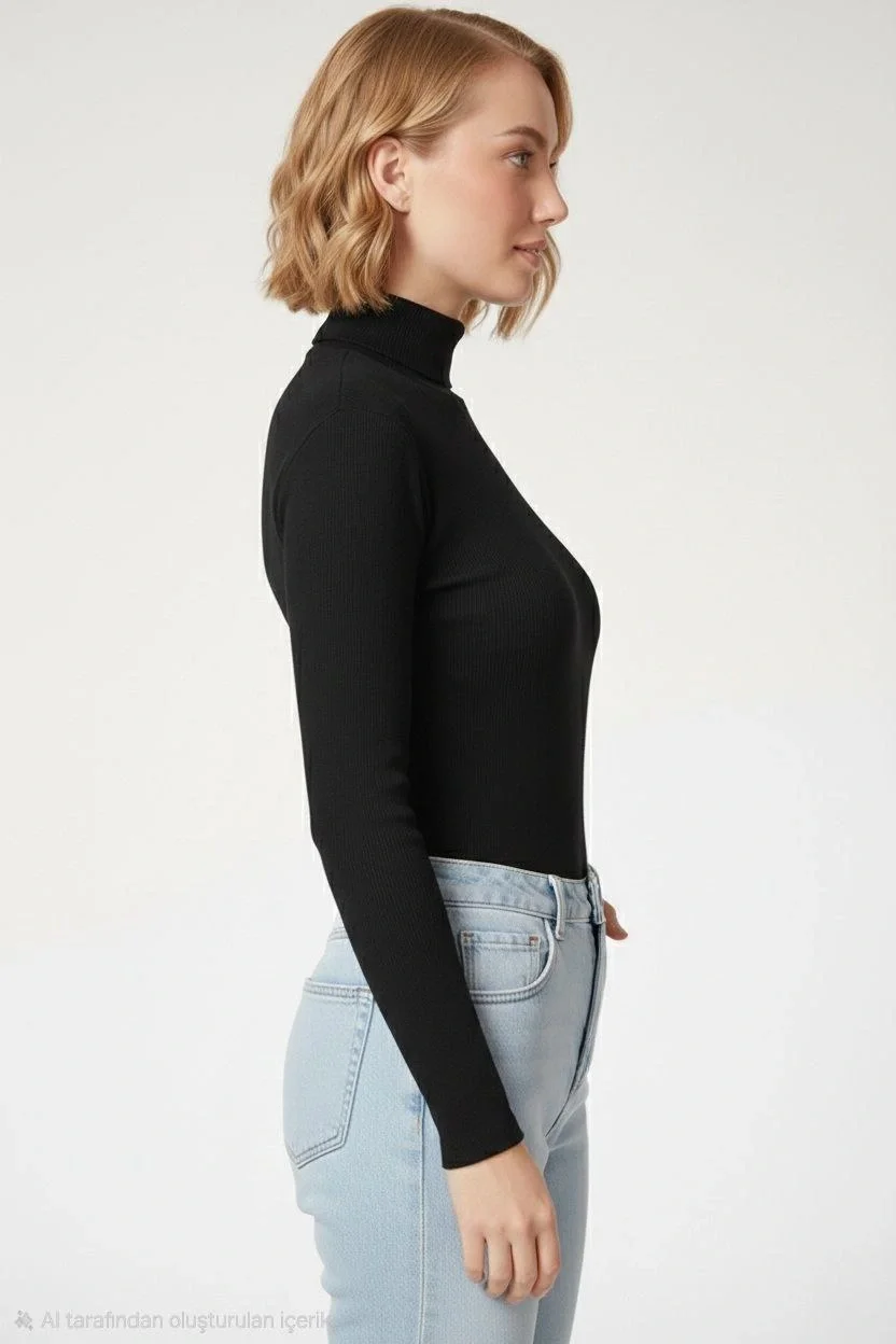 Kadın Tam Boğazlı Fitilli Likrali Kaşkorse Badi İnce Uzun Kollu Kazak - Siyah - Görsel 2