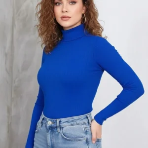 Kadın Tam Boğazlı Fitilli Likrali Kaşkorse Badi İnce Uzun Kollu Kazak - Saks Mavisi