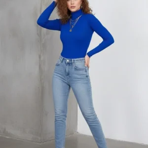 Alternative view of Kadın Tam Boğazlı Fitilli Likrali Kaşkorse Badi İnce Uzun Kollu Kazak - Saks Mavisi