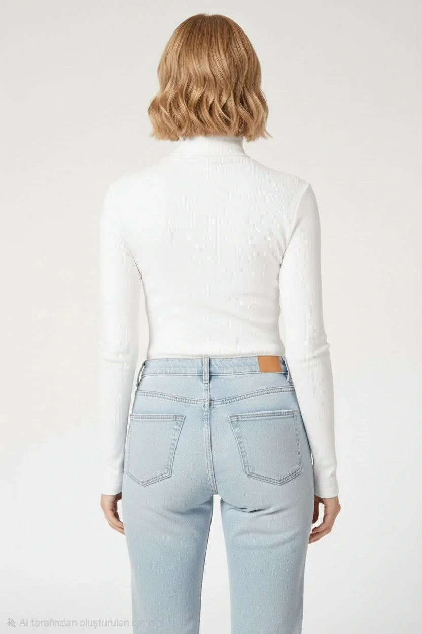 Kadın Tam Boğazlı Fitilli Likrali Kaşkorse Badi İnce Uzun Kollu Kazak - Beyaz - Görsel 5