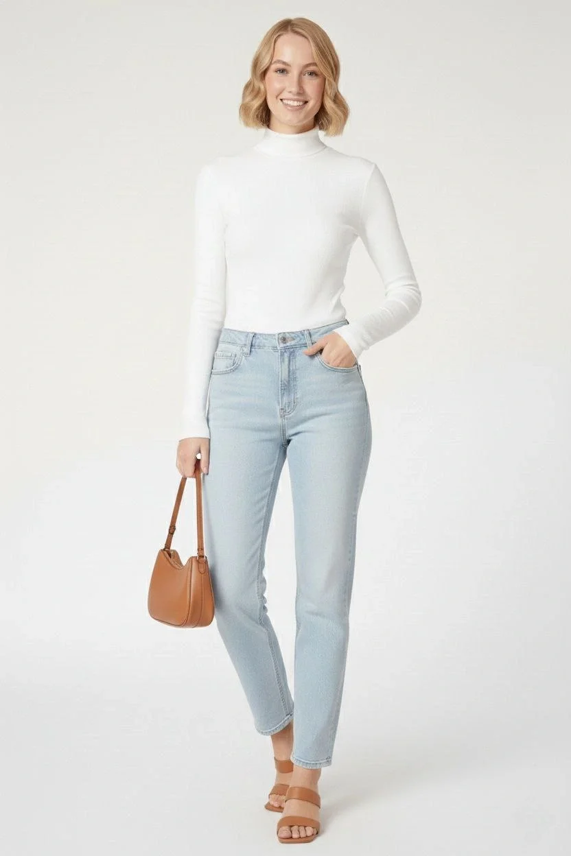 Kadın Tam Boğazlı Fitilli Likrali Kaşkorse Badi İnce Uzun Kollu Kazak - Beyaz - Görsel 3