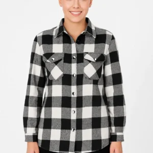 Kadın Oduncu Gömlek – Uzun Kollu, Şardonlu Kumaş, Kırmızı Beyaz Kareli Desen, Regular Fit, Çift Cepli, Manşetli Günlük Şık Stil - Siyah