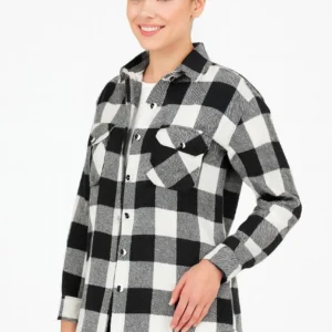 Alternative view of Kadın Oduncu Gömlek – Uzun Kollu, Şardonlu Kumaş, Kırmızı Beyaz Kareli Desen, Regular Fit, Çift Cepli, Manşetli Günlük Şık Stil - Siyah