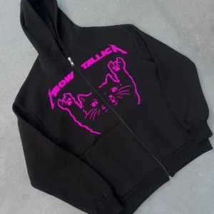 Kışlık Baskılı Fermuarlı Kapüşonlu Hırka - Siyah