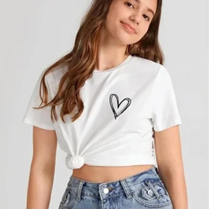 Kız Çocuk Bisiklet Yaka Baskılı T-Shirt - Beyaz